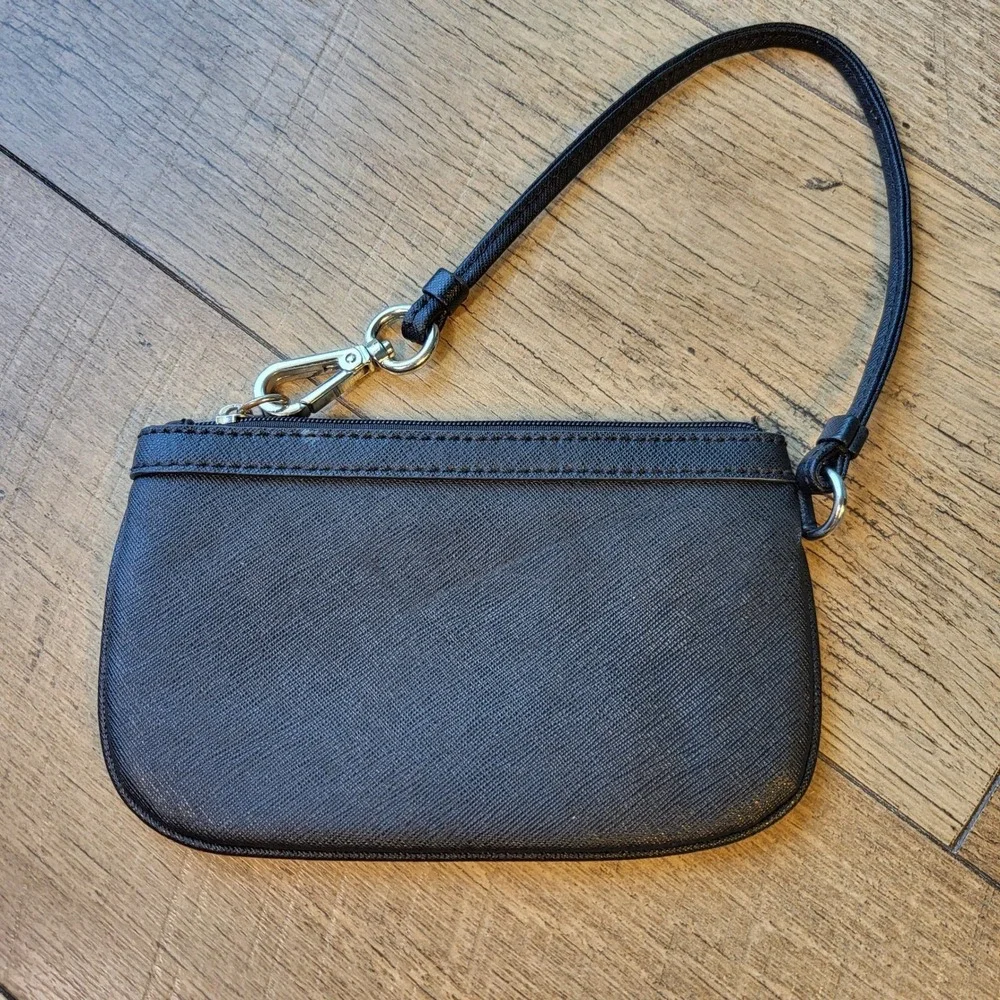 Calvin Klein Black Saffiano Leather Wristlet Pouch Zip Top Wallet Silver Logo
